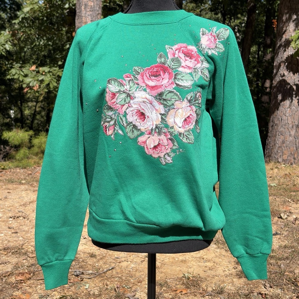 Vintage Green Floral Sweatshirt L Hand Painted Crafted Roses USA Cottagecore